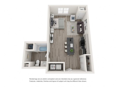 Floor plan for studio, 1 bath, 586 sqft
